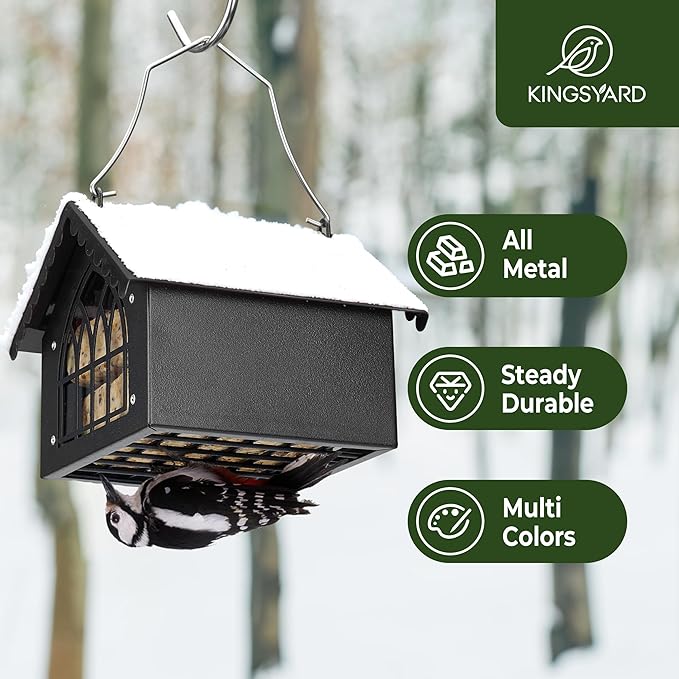Kingsyard Double Upside Down Suet Feeder with Weatherproof Roof, All Metal Suet Feeders for Outdoors Hanging, Great for Downy Woodpecker Nuthatch Chickadee, Black