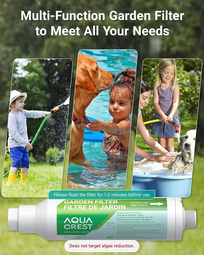 AQUA CREST Garden Hose Water Filter for Plants, Greatly Reduces Chlorine, Odor, Improve Plants Health, Ideal for Organic Gardening, Farming and Pets, 4 Pack with 2 Hose Protector