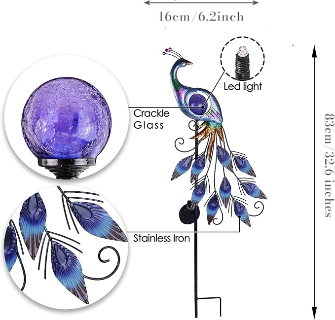 TERESA'S COLLECTIONS Yard Decorations Outdoor & Garden Decor for Outside, Peacock Solar Outdoor Lights, Metal Lawn Ornaments with Crackle Glass Ball, Decorative Stake Gifts for Mom,33''