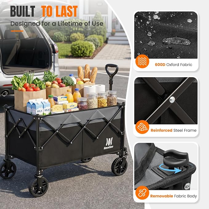 Navatiee 165L Collapsible Folding Wagon, Large Foldable Wagon with Silent All-Terrain Wheels, 330Lbs Heavy Duty Utility Grocery Cart for Camping Shopping Outdoor, Black