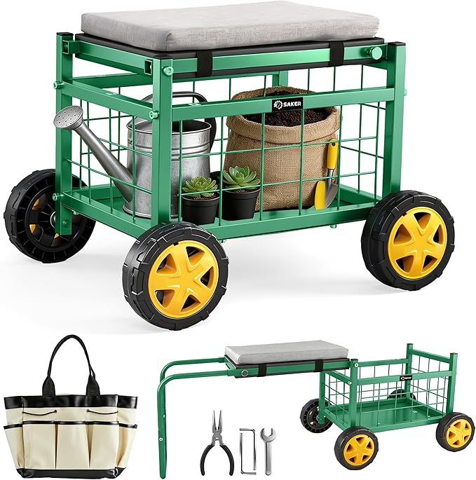 Saker Rolling Garden Cart with Seat & Wheels - 15.7'' EVA Padded Rolling Stool, 500 lb Steel Frame, Large Storage Basket - Garden Wagon Workseat for Patio Lawn Yard (Luxury Version)