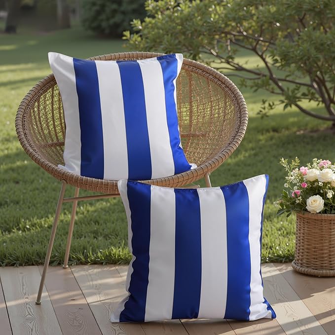 Western Home Pack of 2 Decorative Outdoor Solid Waterproof Striped Throw Pillow Covers Polyester Linen Garden Farmhouse Cushion Cases for Patio Tent Balcony Couch Sofa 18x18 inch Blue