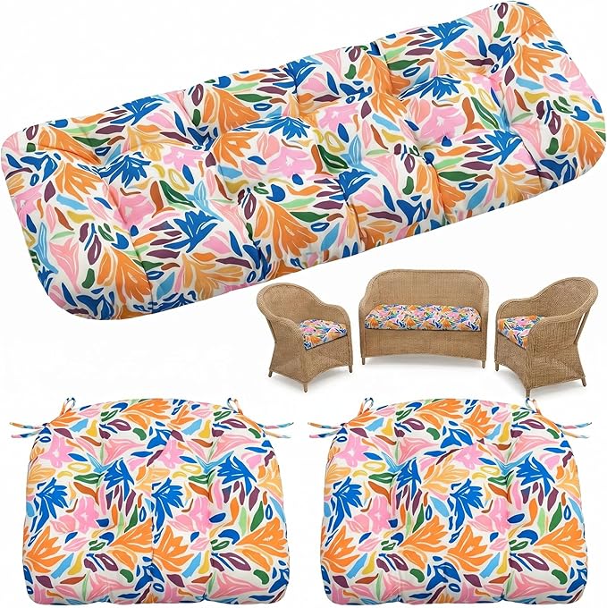 1 MIDDLE ONE Wicker Chair Cushions 3 Pieces Set for Outdoor Furniture, Replacement Patio Wicker Furniture Cushions, 1Pc Loveseat Cushion & 2Pcs Chair Cushions (Colorful Leaves)