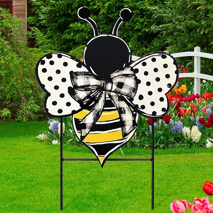 Weysat Summer Yard Sign Polka Dot Bee Metal Decoration Outdoor 13.7 Inch Summer Decoration for Home Outdoor Honey Bee Welcome Porch Decor with Stakes Waterproof for Garden Patio Lawn Party Walkway