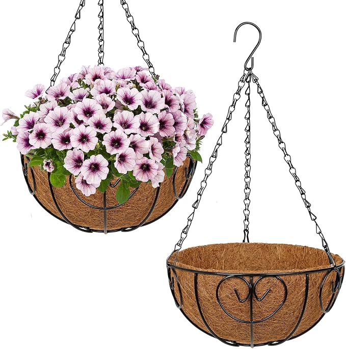 10 inch Metal Hanging Baskets for Plants Outdoor, 2 Pack Metal Wire Hanging Basket Planter with Coco Liner Flower Pots for Indoor Outdoor Garden Porch Patio, Heart-Shaped