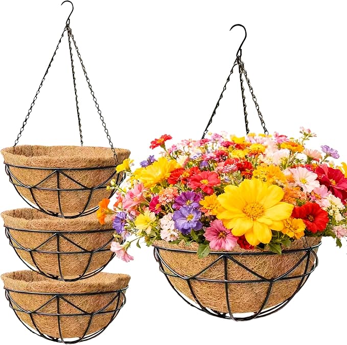 4 Pack 12 Inch Heavy Duty Hanging Basket Outdoor Metal Hanging Planters with Coco Coir Liners Black Hanging Flower Baskets for Outdoor Plants Patio Porch Balcony Garden（Geometric）