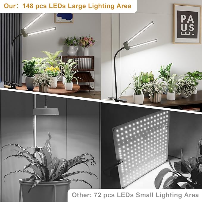 Juhefa LED Grow Light,Super Bright 6000K White Full Spectrum Clip Plant Growing Lamp with Rotatable Dual Head for Indoor Desk Plants,Dimmable & Timer 4/8/12H,High Power Output for Faster Growth,1-Head
