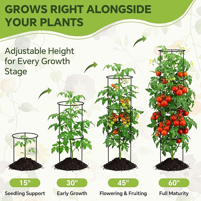 60 Inch Round Tomato Cages for Garden - 2 Pack Heavy Duty Metal Tomato Trellis Plant Support, Adjustable Height & Stackable, Easy Assembly for Outdoor Climbing Plants