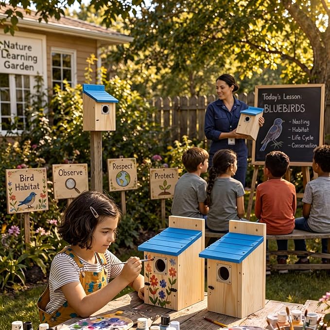 Dreyoo 4 Pack Bluebird Houses for Outside with Metal Predator Guard, 1-1/2" Entrance Hole Wooden Blue Bird Houses for Outdoors, Bluebird Nesting Box(Blue Roof, Wood Body)