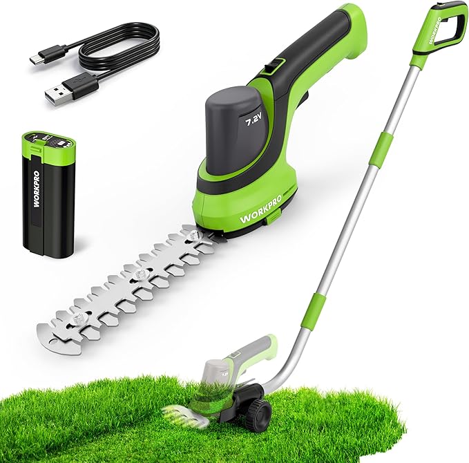 WORKPRO 7.2V Handheld Grass Trimmer, 2-in-1 Cordless Hedge Trimmer & Grass Shears with 44.5” Wheeled Extension Pole, 2Ah Battery, Shrub Trimmer for Lawn Edging, Garden, Yard & Hedge Trimming