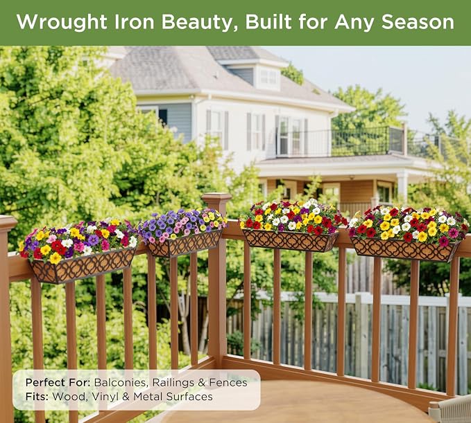 HFHOME 24 Inch Railing Planter Box with Coco Liners for Porch Fence Patio Balcony Hanging Flower Railing Baskets with Adjustable Brackets for Outdoor Garden - 6 Packs