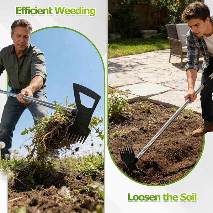Weed Rake and Garden Hoe,7-Tine Manual Weeder Remover Tool,4-Section Adjustable 2 in 1 Hoe and Rake for Heavy-Duty Root Removal and Weed Clearing in Yards,Lawns,Patios,and Gardens