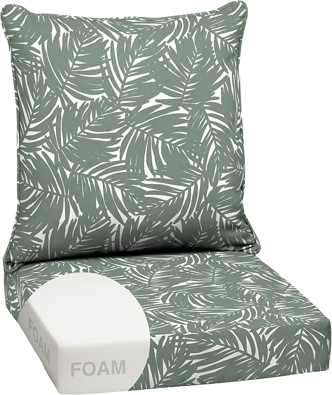 Arden Outdoor Foam Deep Seat Cushion Set, 24 in x 24 in, Weather-Proof, Rain-Proof, Fade Resistant Patio Cushion, Bottom and Back Cushion for Chair, Sofa, and Couch Sage King Palm