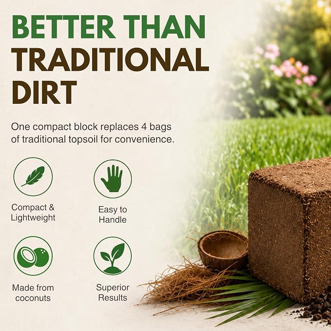 PlantBest Coco Topsoil Compressed Block 11 lb – Expands to 79.2 Quarts and Up to 125 Sq. Feet, Top Soil for Lawns, Grass Seed & Overseeding, Peat-Free Organic Coconut Coir Lawn Soil