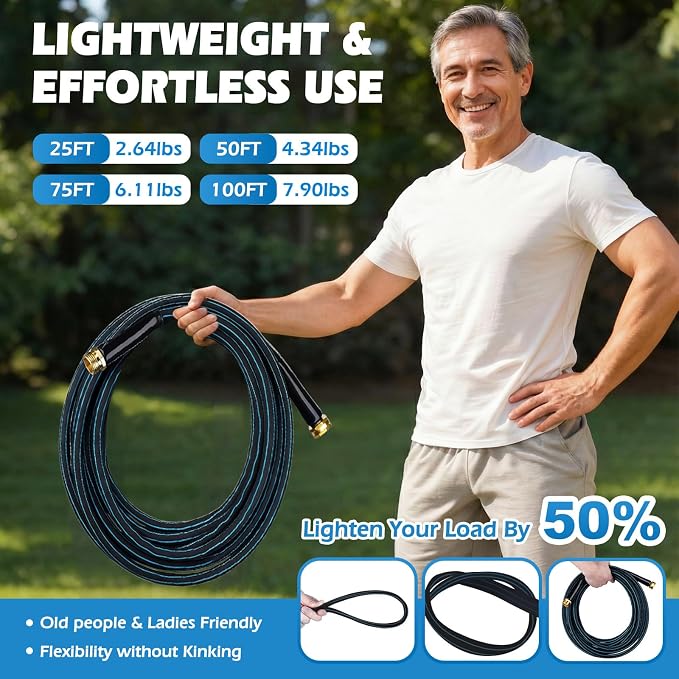Non-Expanding Garden Hose 75FT with 10-Pattern Nozzle, Lightweight Flexible Water Hose Kink-Resistant, Brass 3/4'' Fittings & Sealing Washers, for Yard Lawn Garden Car Wash Pet Bathing