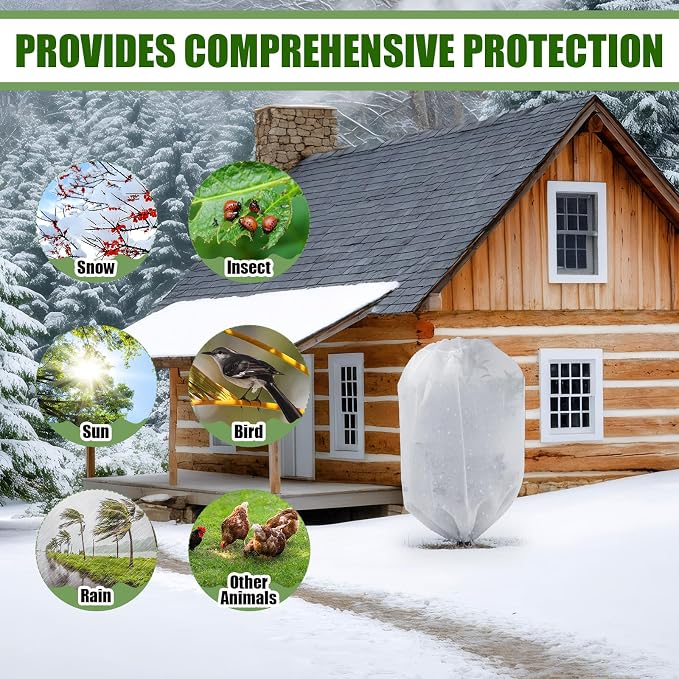 SATINIOR 16 Pcs 32 x 47 Inch Plant Covers Freeze Protection, Reusable Plant Protector Frost Cloth Warm Blankets, Winter Bush Tree Cover with Drawstring Outdoor (White)