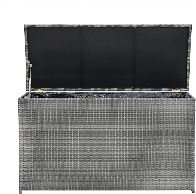 Teamson Home 154 Gallon Lined Weather Resistant Outdoor Rattan Wicker Patio Deck Storage Box with Soft Close Hinges for Patio Furniture Cushions or Pool Accessories, Gray