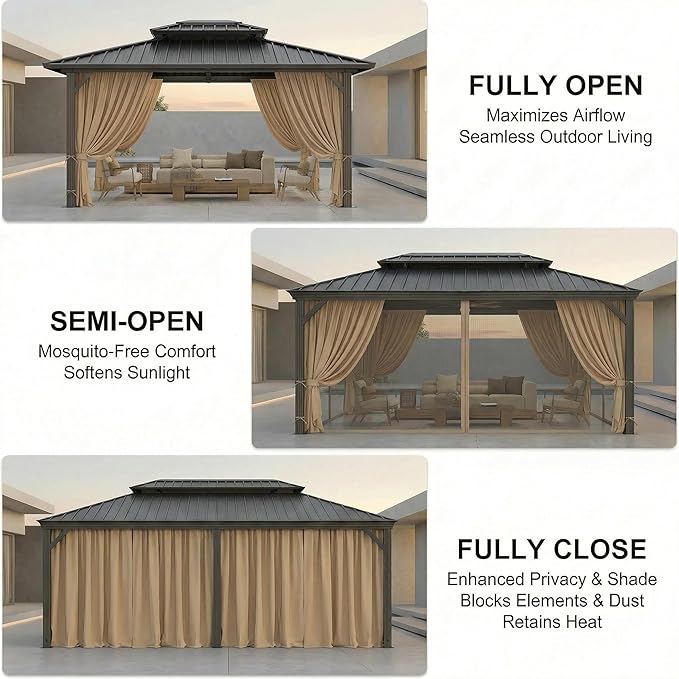 HOTEEL 10x12 Hardtop Gazebo on Clearance with Galvanized Steel Double Roof, Heavy Duty Gazebo with Flame-Retardant Curtain & Netting,Aluminum Frame Outdoor Canopy for Patio, Party, Brown