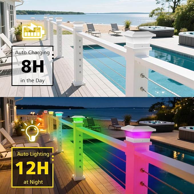 T-SUN 4X4 Post Solar Lights, Outdoor Waterproof RGB Color Changing Light for 4X4 5X5 6X6 Wood/Vinyl/Fence Posts, Deck, Solar Post Lights for Patio Garden Decor or Fence(White Shape-2 Pack)