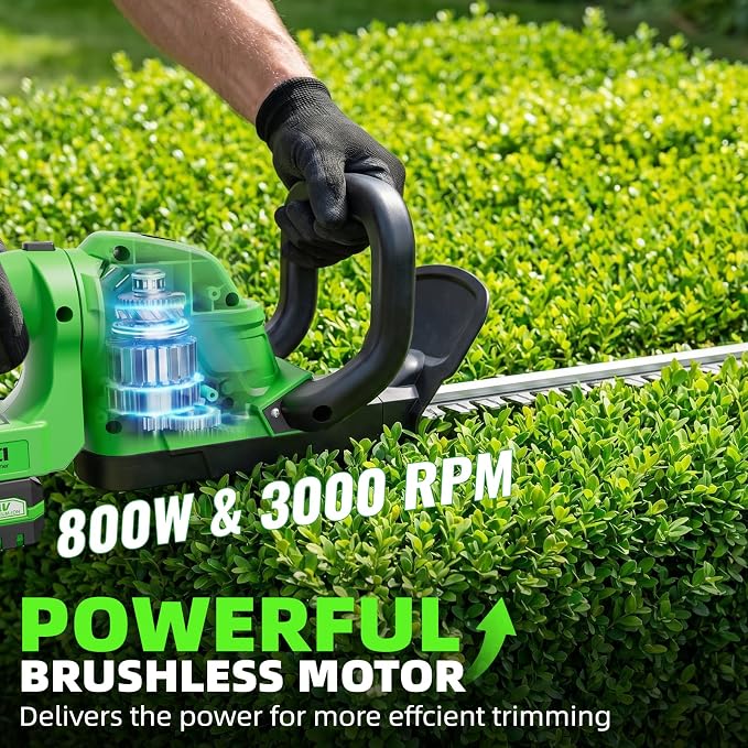 20-Inch Cordless Hedge Trimmer (Includes 2 Batteries and Charger), Electric Handheld Bush Trimmer, 180° Rotatable Handle, Grass Shrub Trimmers, Lightweight & Compact Green