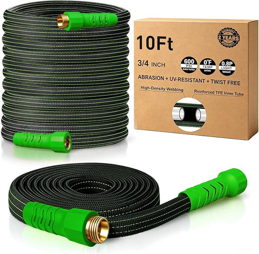 10FT Lightweight Garden Hose,Flexible Water Hose,Kink-Free,Leak-Proof,Swivel Handle Non-Slip,All-Weather 3/4 in. Lead-in Hose for RV,Boat,Car Wash,Garden,Yard,Camper,Outdoor (Green-Black,10Ft)