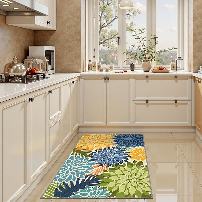 Arenarug 2x3 Colorful Washable Small Rug Tropical Botanical Modern Floral Indoor Chenille Door Mat Carpet Non Slip for Patio, Entry Way, Entrance, Porch, Green