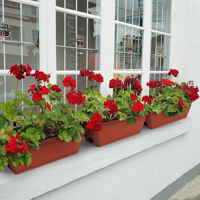 6 Pack Railing Planter Boxes Outdoor Window Boxes Planter with Drainage Holes, Plastic Garden Fence Planters with Metal Brackets for Deck, Balcony, Patio, Brick Red