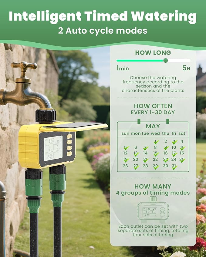Sprinkler Timer, Solar Energy Water Timer for Garden Hose, Outdoor 2 Zone Hose with Rain Delay/Automatic/Manual Watering System, Digital Programmable Faucet Timing Irrigation for Lawn, Yard(No WiFi)