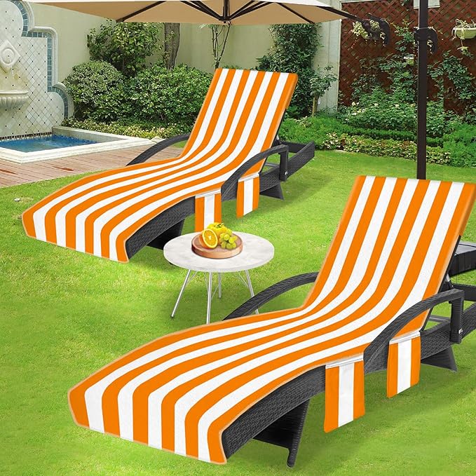 Lounge Chair Towel Cover, Beach Chair Covers (Pack of 2), Chaise Lounge Cover with 3 Pockets for Pool Beach Courtyard Garden Outdoor Trips, 85 x30 in, Striped White Orange