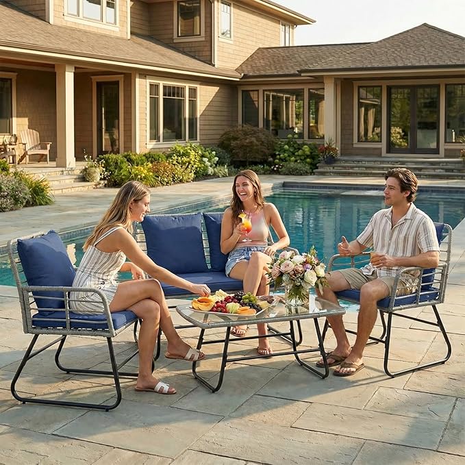 DUMOS Outdoor 4 Piece Patio Furniture Set, Wicker Patio Set with Thick Sandwich Structure Cushions, Deep Seating All-Weather Rattan Sofa and Functional Glass Table for Porch, Lawn, Grey