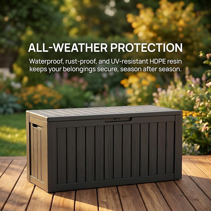 80 Gallon Deck Box, Waterproof Resin Outdoor Storage Box Lockable for Patio Furniture, Fade Resistant Patio Side Table & Organizer for Garden Tools, Pool Floats, Outdoor Cushions, Black