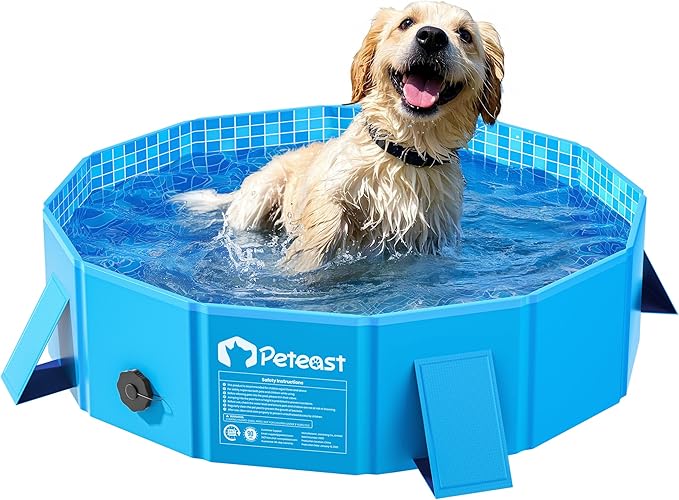 Peteast Foldable Dog Kiddie Pool with Stable Side Support, Hard Plastic Shell Portable Dog Pool, Collapsible Swimming Pools for Pet and Kids, 32 in