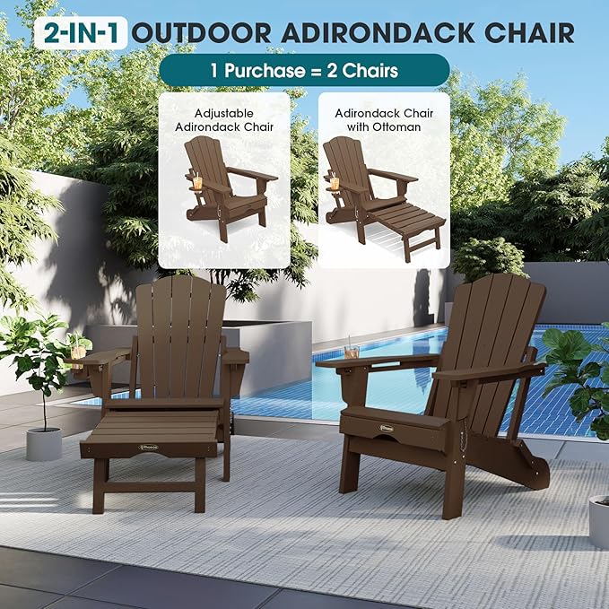 THOEOE Folding Adjustable Adirondack Chairs with Ottoman & 1 Cup Holders, HDEP Multifunctional Adirondack Chair with Footrest,Brown