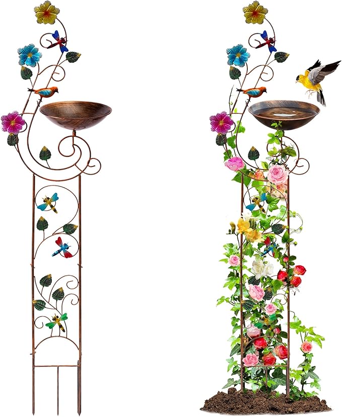 YYWMWM Metal Bird Bath with Trellis for Outside, 57” Height Birdbaths & Supports, Small Garden Decorative Trellises for Climbing Flowers Outdoor (Dragonfly)