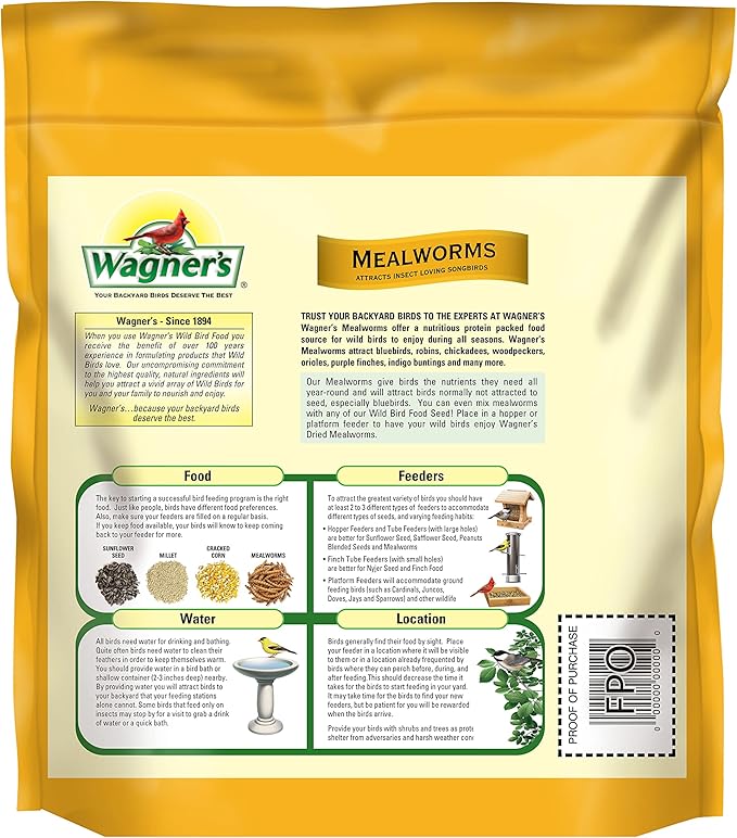 Wagner's 58005 Mealworms Wild Bird Food, 18-Ounce Bag (Pack of 2)