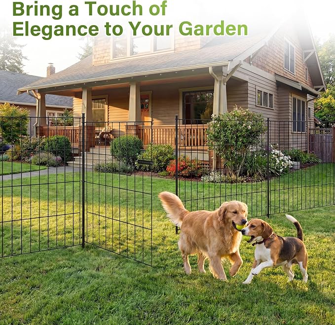 10 Panels No Dig Decorative Outdoor Garden Fence with Gate, 32in (H) x 23.6ft (L) Rustproof Metal Wire Rabbit Dog Garden Border Fencing for Yard, Animal Barrier with Ground Stakes for Patio