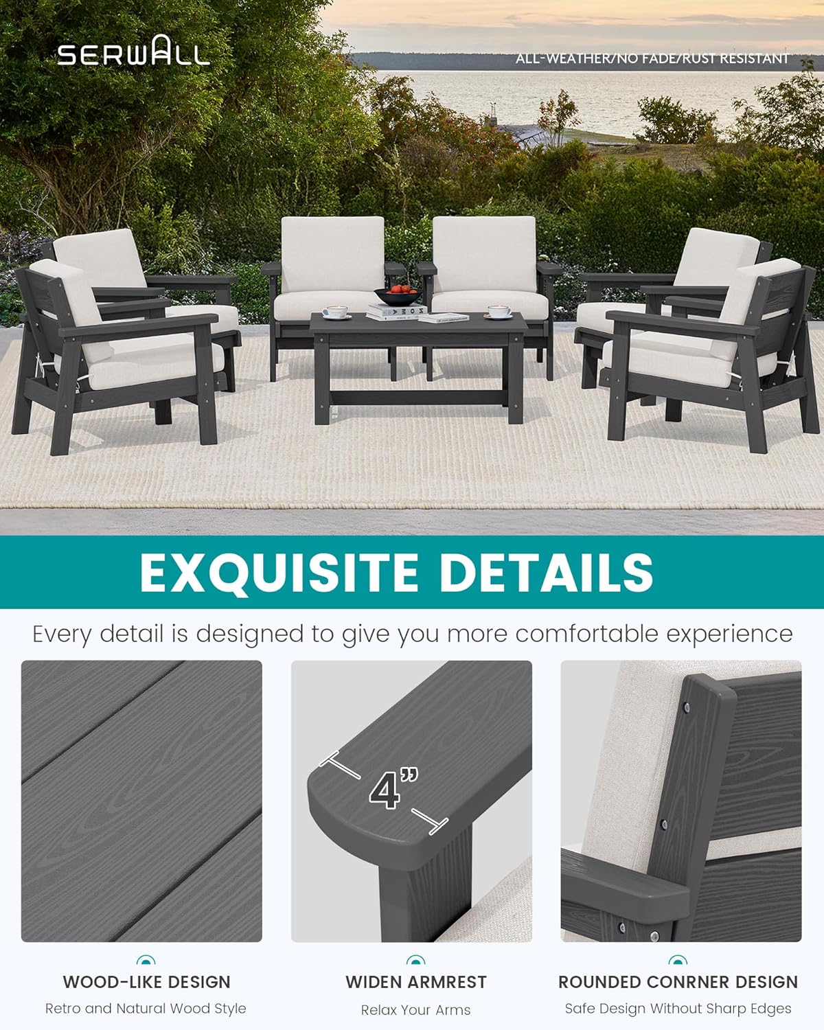 SERWALL HDPE Outdoor Furniture Set, 7 Piece All Weather Wood-Like Outdoor Sofa Sectional Couch, Grey Patio Furniture Set with Khaki Cushions