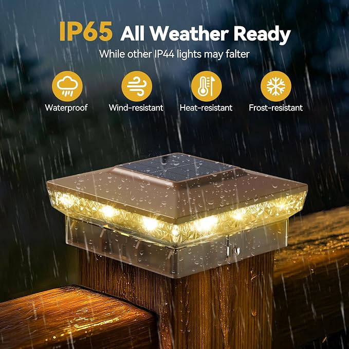 Solar Post Cap Lights, 6-Pack Upgraded Outdoor Deck Fence Post Solar Lights for 4x4 5x5 Wood/Vinyl Posts, IP65 Waterproof, 10-12 Hours Warm/Cool White Glow for Garden/Patio/Porch - Brown