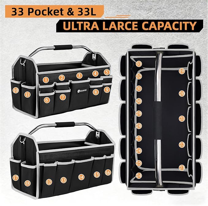 22in Tool Bags For Men Heavy Duty, 33 PCS Pockets Tool Bag Organizer Foldable Open Top Tool Bag With Handle, Wide Mouth Electrician Tool Tote, Grey