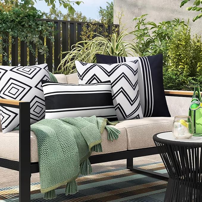 Adabana Outdoor Waterproof Pillow Covers 18x18 Inch Set of 4 Black and White Modern Geometric Throw Pillows Cover Decorative Boho Pillow Covers for Patio Garden Porch
