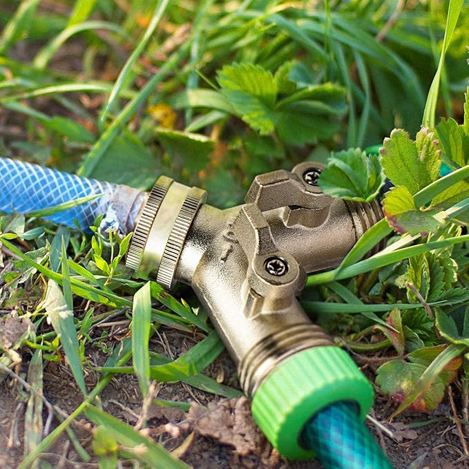 Nickel Plated Solid Brass Garden Hose Splitter, Heavy Duty 2 Way Y Faucet Adapter with Dual Shut Off Valves, Leak Proof 3/4 Inch Hose Bib Spigot for Outdoor Watering, Includes 3 Extra Washers