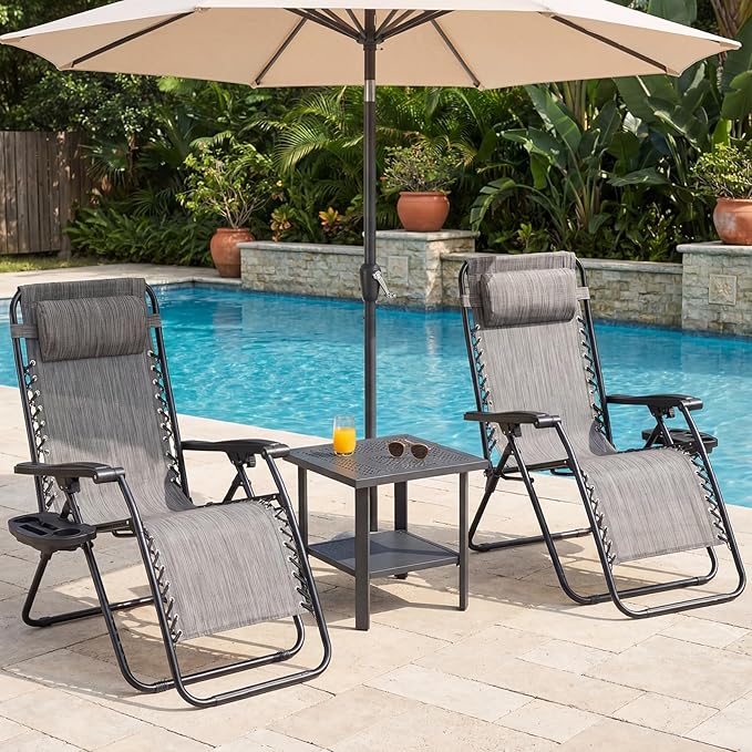 NEWBULIG Zero Gravity Chair Set of 4, Lounge Chair Folding Portable Adjustable Camping Reclining Chairs with Adjustable Pollow, Mesh Back, Cup Holder Trays Lawn Patio Chair for Pool Beach - Ash