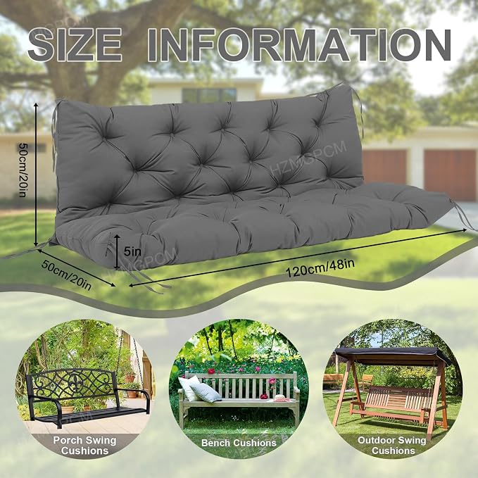 Premium 5"Thick Waterproof Outdoor Swing Cushions Sturdy Durable 2-3 Seat Replacement Porch Swing Cushions with Backrest&Ties Bench Cushion for Outdoor Furniture Backyard Patio(Gray48x40inch)