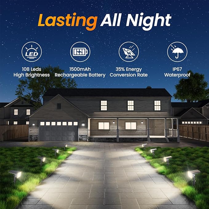 Fabrito 10 Pack Solar Spot Lights Outdoor Waterproof IP67, [108 LEDs, 4 Modes] Dusk to Dawn Spotlights with 1500mAh Battery for All Night, Landscape Lights for Tree, Yard, Pool, Pathway, Warm White