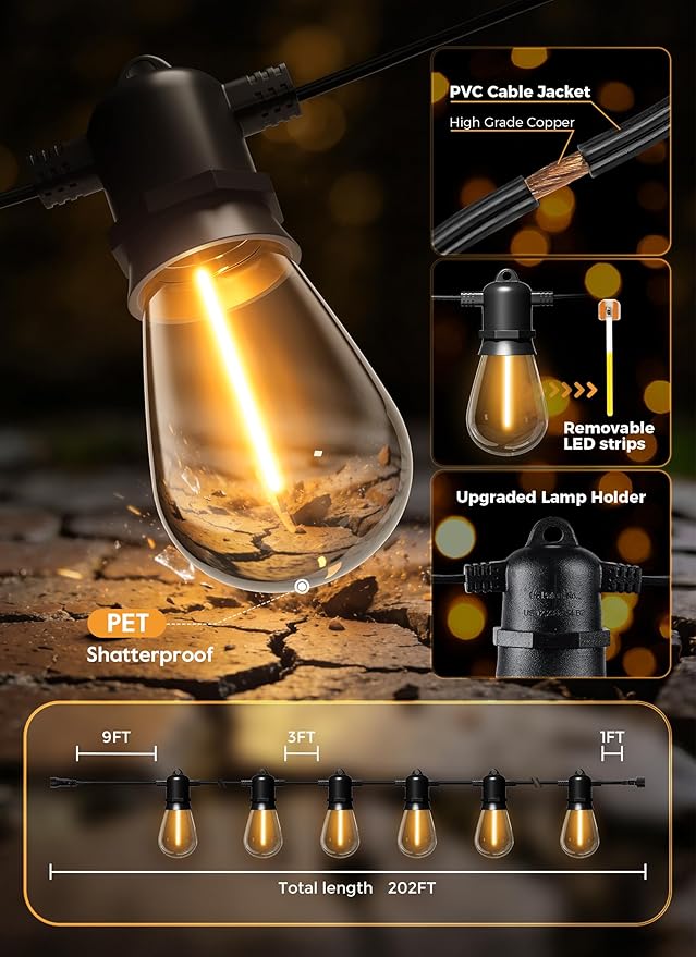 Minetom 202FT Solar String Lights Outdoor Waterproof, 65 LED S14 Shatterproof Bulb, Patio Lights with Remote Type-C Port Timable, 3 Light Modes Dimmable Solar String Lights for Outside, Yard, Camping
