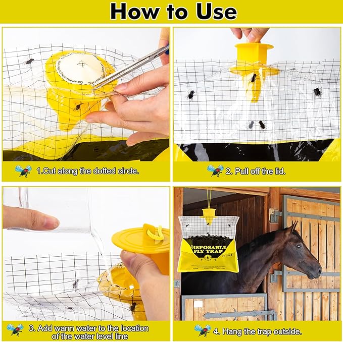 Glovv Fly Traps Outdoor Hanging with Fly Bait, 8 Pack Disposable Bags Hunter Ranch Trap, Pre-Baited Flies Bags Flies Control Bug Catcher Killer Repellent for Stable Horse Barn & Farm, All Filth Flies