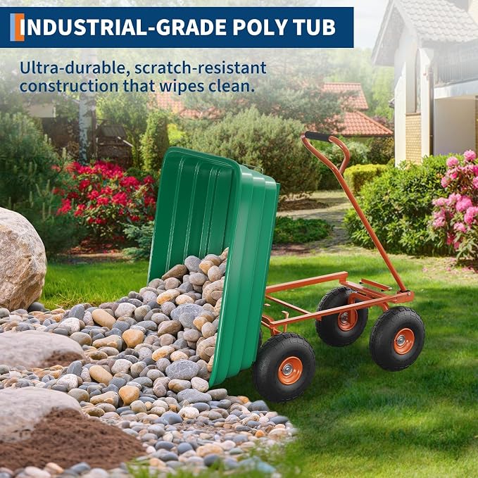 600 LB Garden Dump Cart with Quick Release System, Poly Garden Wagon with 180° Rotating Handle & All Terrain Tires, Yard Cart Utility Wagon for Landscaping, Gardening, Green & Orange