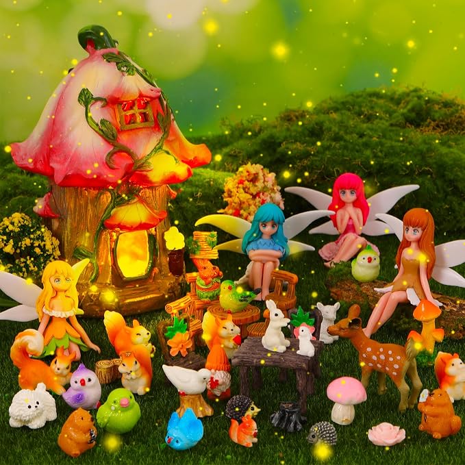 75 Pcs Fairy Garden House Resin Kit Glowing Tree House Miniature Garden Fairy Animals Decor Mini Landscape Ornaments