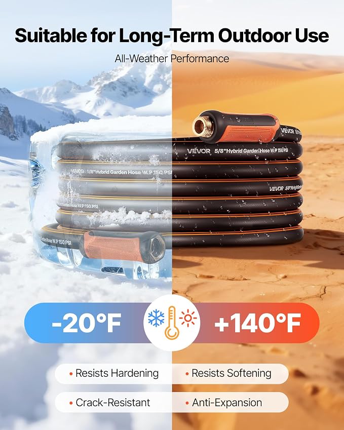 VEVOR Garden Hose, 150 ft 5/8" Heavy Duty Rubber Water Hose with 10 Mode Nozzle, 150PSI Working & 600PSI Burst, Flexible & Non-kink Outdoor Waterhose with 3/4" Fitting, Lightweight Hoses for Gardening
