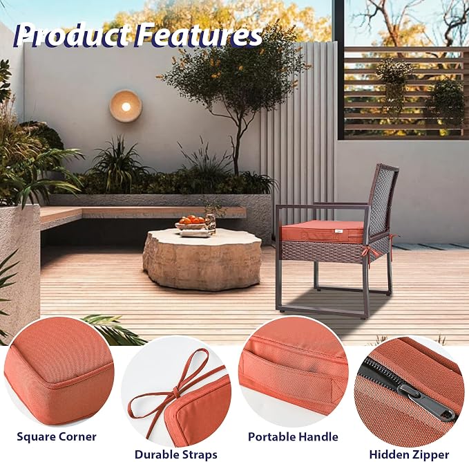 IPYNBAP Outdoor Chair Cushions Set of 4 -Waterproof Outdoor Seat Cushions for Patio Furniture, Patio Chair Cushion with Handle and Ties, Out Door Chair Pads,19x19x3-Square, Spice